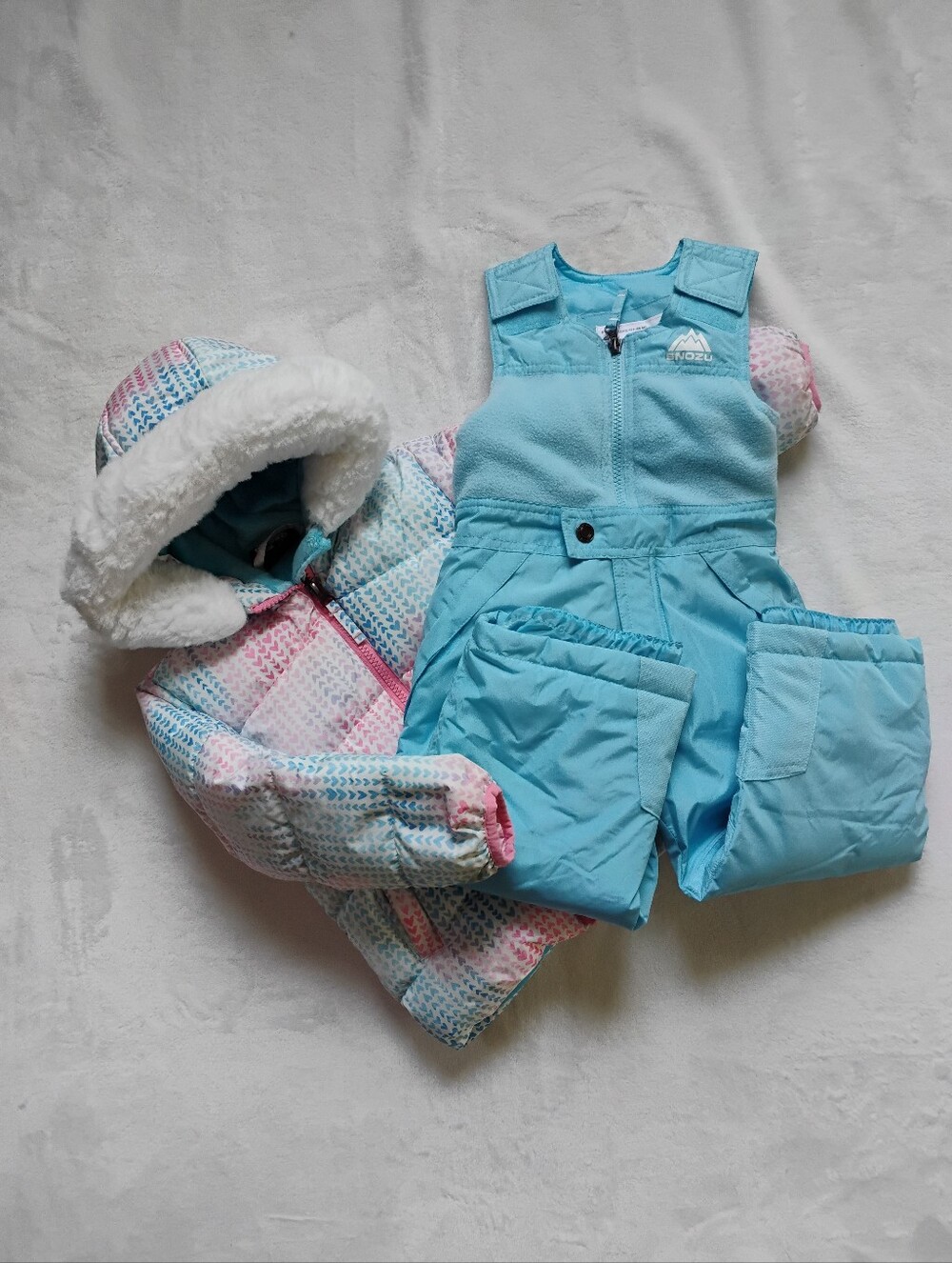 Heart Patterned Puffer Jacket & Blue Snowpant Set | 2T